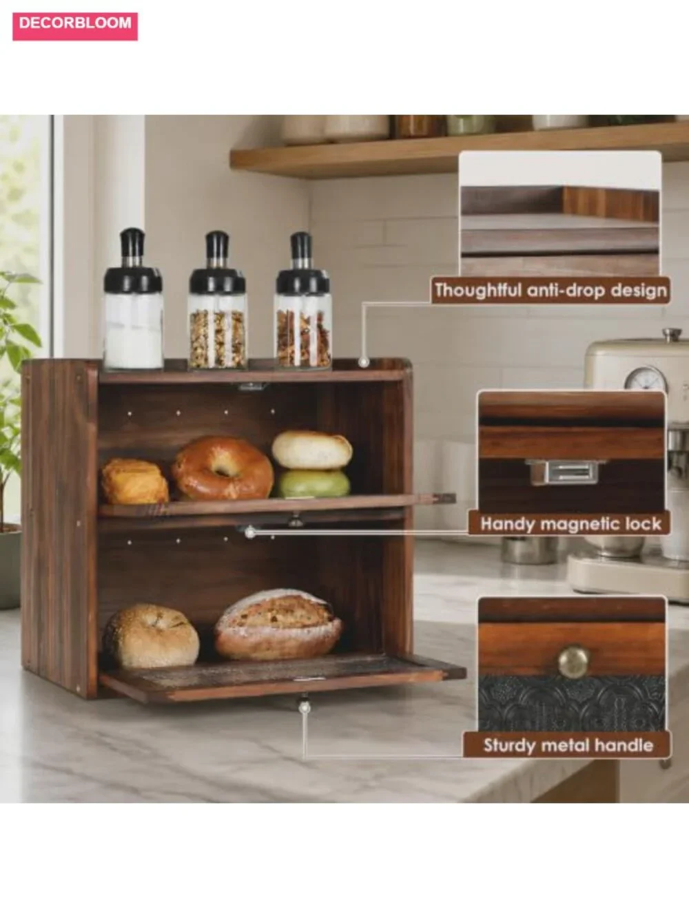 Large Pine Wood Bread Box with Magnetic Doors and Air Vents
